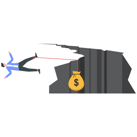 Businessman holding on the cliff edge with money bag tied on his leg  Illustration