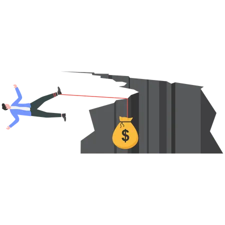 Businessman holding on the cliff edge with money bag tied on his leg  Illustration