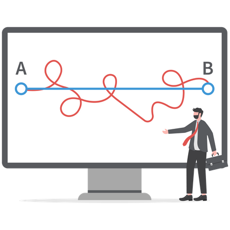 Businessman holding pen in hand leads drawing line from point A to point B for Easy or shortcut way to win business success achievement of goals  イラスト
