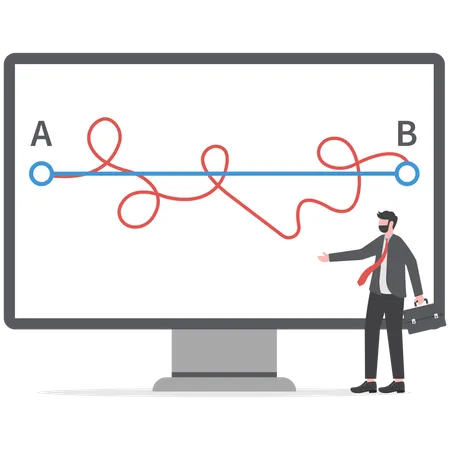 Businessman holding pen in hand leads drawing line from point A to point B for Easy or shortcut way to win business success achievement of goals  Illustration