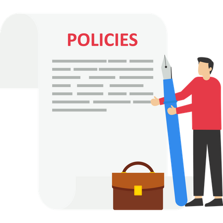 Businessman holding pen with company policy documents and business bag Illustration