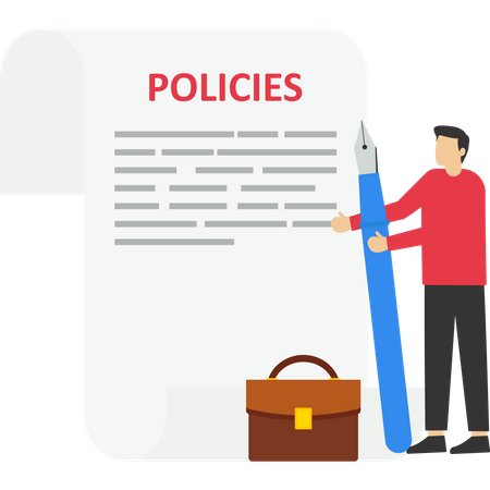 Businessman holding pen with company policy documents and business bag  Illustration