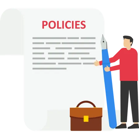 Businessman holding pen with company policy documents and business bag  Illustration