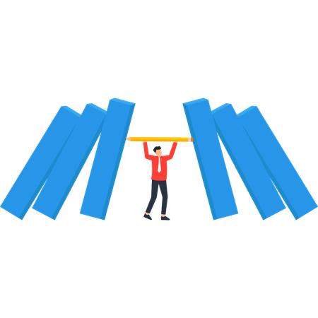 Businessman Holding Pencil Preventing Falling Dominoes  Illustration