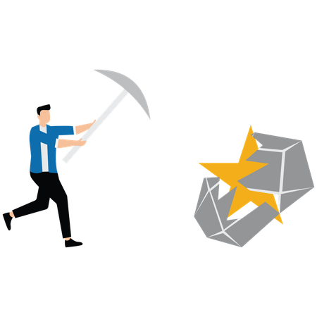 Businessman holding pickaxe to find star in stone  Illustration