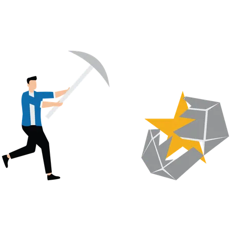 Businessman holding pickaxe to find star in stone  Illustration