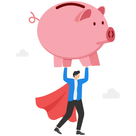 Business Supermen Carry A Huge Pink Piggy Bank With A Dollar Coin On The Shoulder In A Flat Design Using A Rich Man Financial Securities For Retirement Investing Wealthy Piggy Bank Save Money Or Budget Concept Illustration
