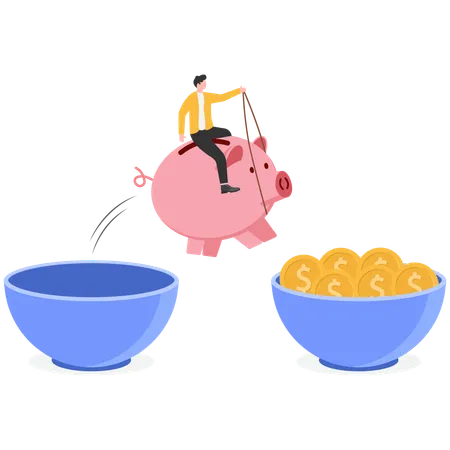 Businessman holding piggy bank jumping from small bowl without gold coins to big bowl  Illustration