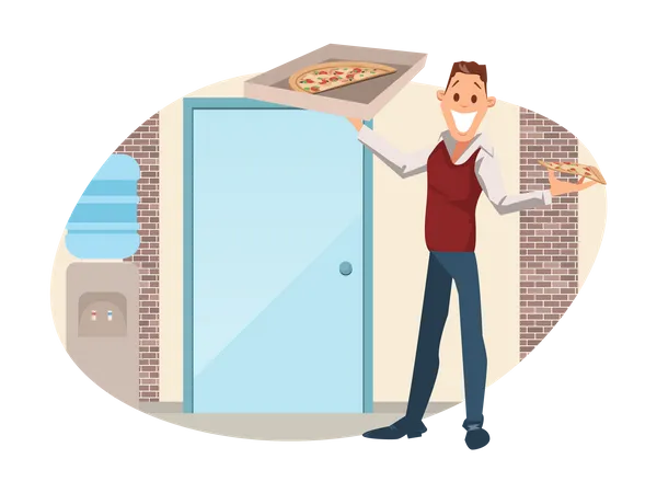Businessman Holding Pizza Box at Workplace Illustration