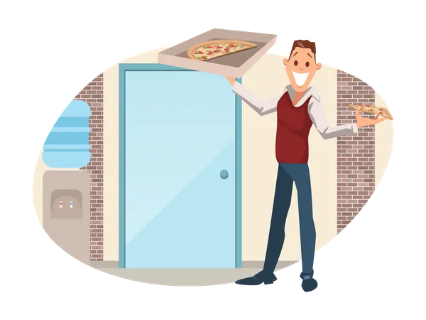 Businessman Holding Pizza Box at Workplace  Illustration