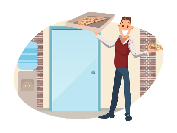 Businessman Holding Pizza Box at Workplace  Illustration
