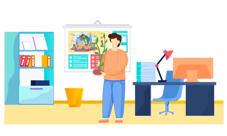Businessman holding plant in office  Illustration