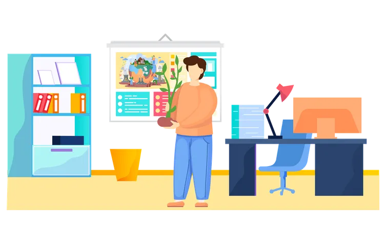 Businessman holding plant in office  Illustration