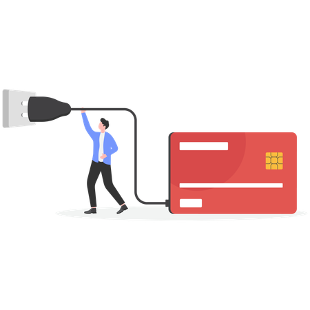 Businessman holding plug to charge credit card  Illustration