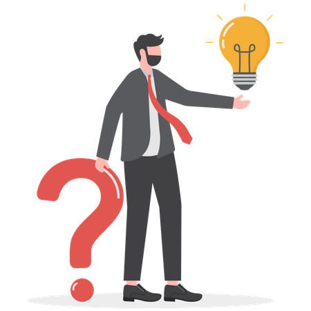 Businessman holding question mark sign and lightbulb solution  Illustration