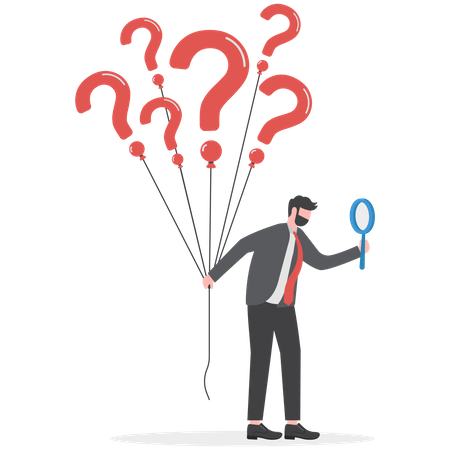 Businessman holding question marks balloon look for solutions  Illustration