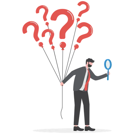 Businessman holding question marks balloon look for solutions  Illustration