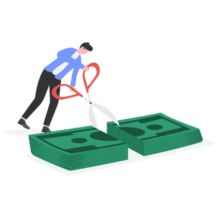 Businessman holding scissor in hand while cutting of paper money  Illustration