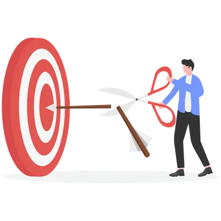 Businessman holding scissors to cut arrow that hit bullseye  Illustration