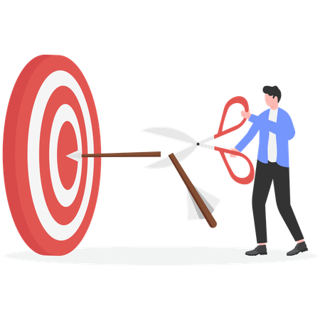 Businessman holding scissors to cut arrow that hit bullseye  Illustration