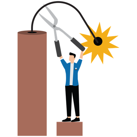 危機を脱するために燃える爆弾の導火線を切るハサミを持ったビジネスマン  イラスト
