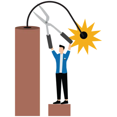 危機を脱するために燃える爆弾の導火線を切るハサミを持ったビジネスマン  イラスト
