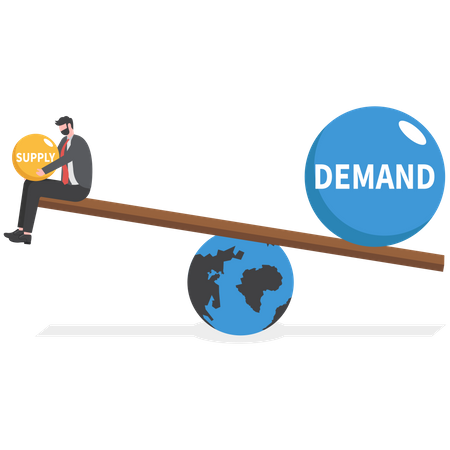 Businessman holding seesaw balance of demand and supply on globe  イラスト