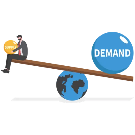 Businessman holding seesaw balance of demand and supply on globe  Illustration