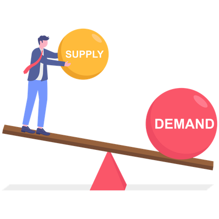 Businessman holding seesaw balance of demand and supply on globe  Illustration
