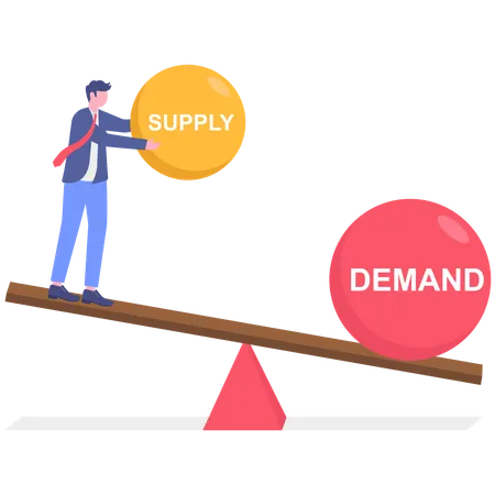 Businessman holding seesaw balance of demand and supply on globe  Illustration