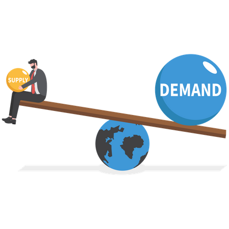 Businessman holding seesaw balance of demand and supply on globe  Illustration