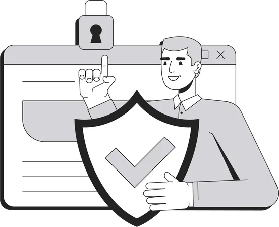 Businessman holding shield against secured website  Illustration