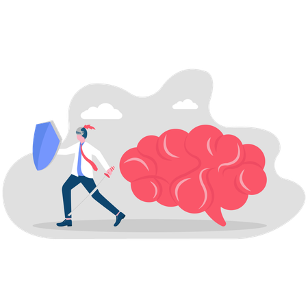 Businessman holding shield to protect brain  Illustration