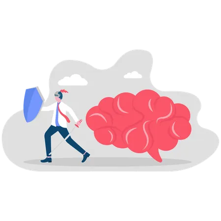 Businessman holding shield to protect brain  Illustration