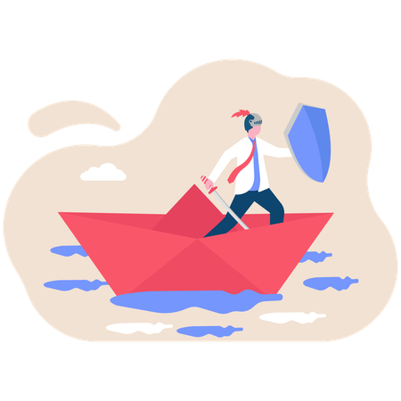 Businessman holding shield to protect paper boat from arrow attack  Illustration