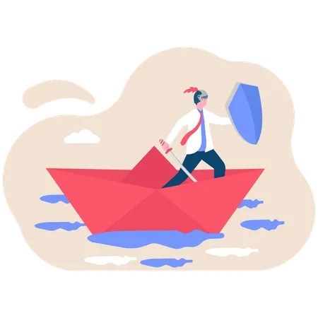 Businessman holding shield to protect paper boat from arrow attack  Illustration