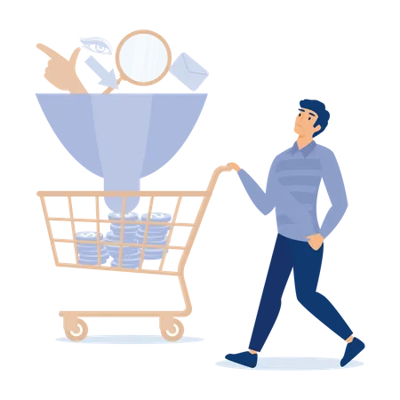 Businessman holding shopping cart with money coin from sales funnel  Illustration