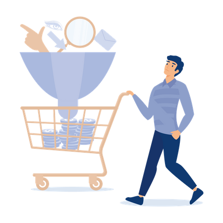 Businessman holding shopping cart with money coin from sales funnel  Illustration