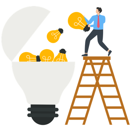 Businessman holding small light bulb to fill big light bulb  Illustration