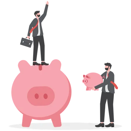 Investment Return Or Income Comparison Success And Fail In Savings Or Pension Fund Being Rich Or Wealthy Concept Businessman Holding Small Piggy Bank While Looking At Other Bigger Pension Fund Illustration