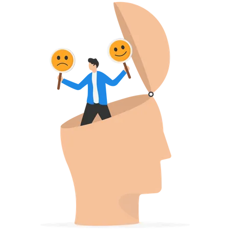 Mental Health And Emotional State Smiley Face And Sad Face Businessman Holding Smile And Sad Face Sign Illustration