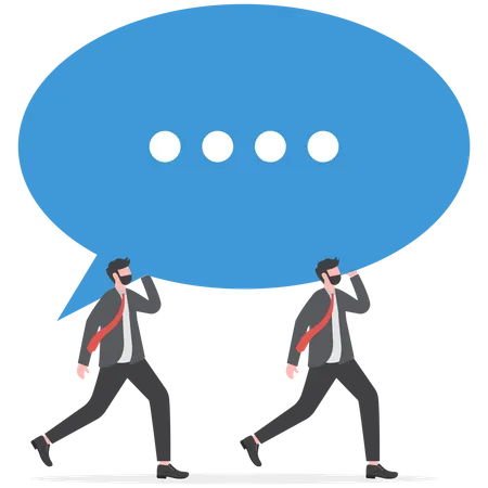 Team Discussion Community Or Social Feedback Communication Or Announcement Dialog Team Meeting Concept Businessman And Businesswoman Team Members Help Carrying Big Speech Bubble With Copy Space Illustration