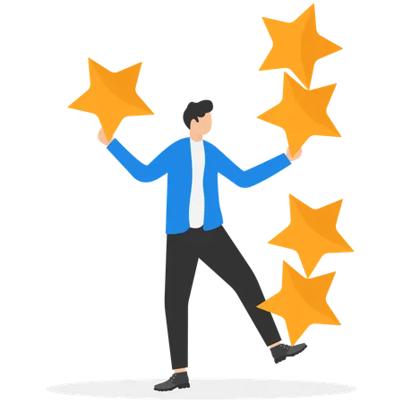 Businessman holding stars while rating five stars  Illustration