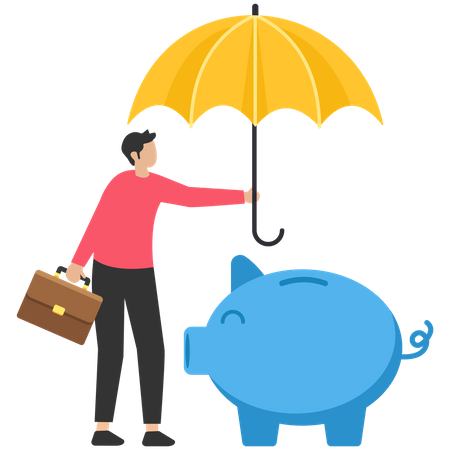 Businessman holding strong umbrella to protect piggy bank  Illustration