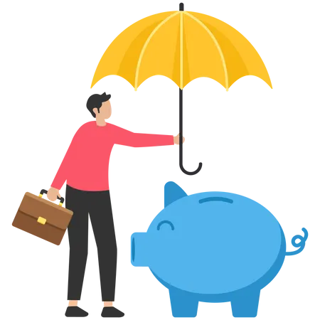 Businessman holding strong umbrella to protect piggy bank  Illustration