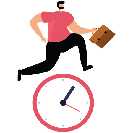 Businessman holding suitcase jumping on clock hands metaphor of time management  Illustration