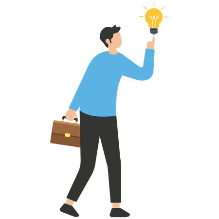 Businessman holding suitcase thinking and got bright light bulb lamp on his finger  Illustration