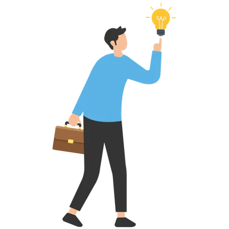 Businessman holding suitcase thinking and got bright light bulb lamp on his finger  Illustration