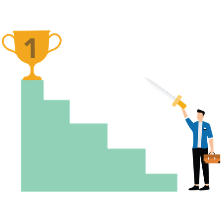 Businessman holding sword and pointing champion trophy at top of stairs  Illustration