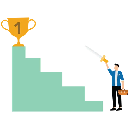 Businessman holding sword and pointing champion trophy at top of stairs  Illustration